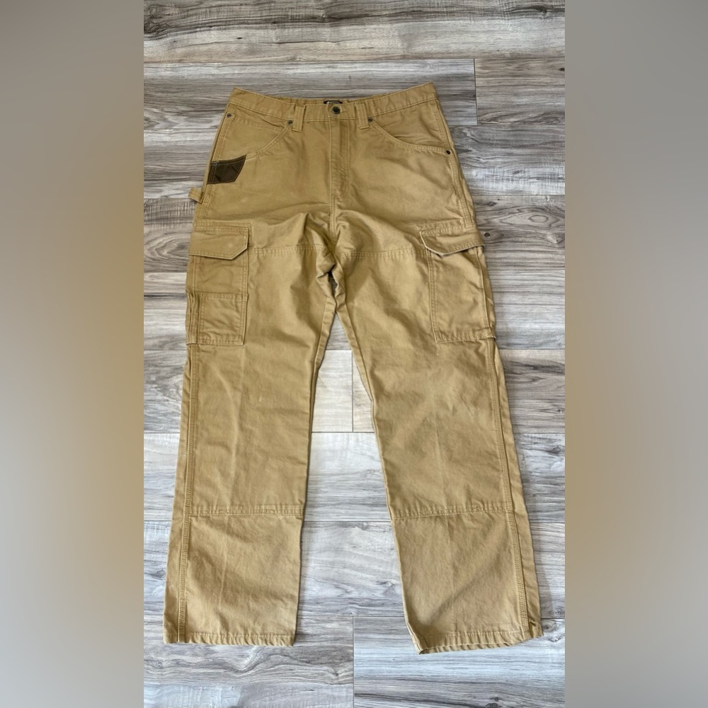 Wrangler Workwear Cargo Pants Mens 34x31 Canvas Khaki Tan Heavy Duty Distressed - Picture 2 of 9